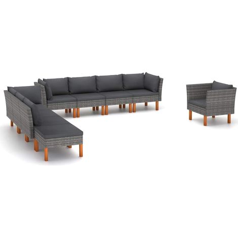 Salon de jardin 9 pcs Ensemble Table et Chaise de Jardin - Résine tressée et bois d'eucalyptus Gris BV109658 - BonneVie (1/5)