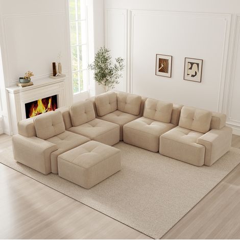 Sofá modular de esquina con otomana, asiento profundo 74 cm, tejido de pana beige DESVIAE (1/5)