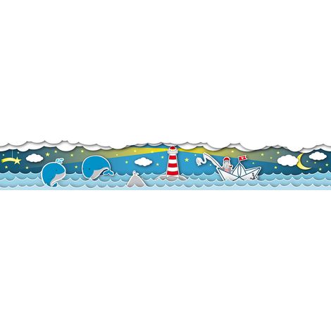 Frise papier peint bleue avec des poissons | Frise papier peint style marin | Frise papier parfaite pour une chambre de petit garçon - 5,00 x 0,155 m