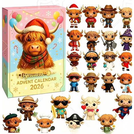 New Scottish Highland Bull Countdown Blind Box Christmas Tree Decoration Hanging Plastic 3D - Highland Bull with Hat - Style A -