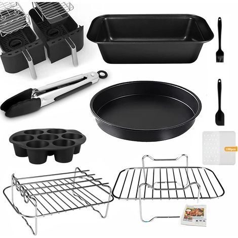 Set of 10 double basket air fryer accessories, non-stick accessories including cake mold, pizza pan, multi-layer rack, skewer rack, egg bite mold (1/5)