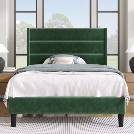 Lit rembourré 90 x 200 cm, Bettgestell mit Lattenrost & Kopfteil, lit double rembourré, revêtement textile velvet en vert foncé, design moderne intemporel, lit jeunesse (1/5)