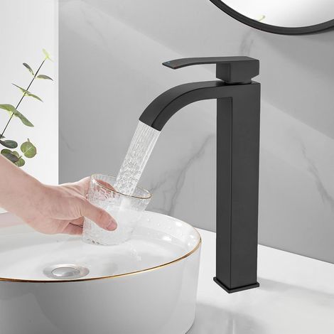 Robinet Salle Bain Haut, Haut Mitigeur Lavabo Noir Vasque à Poser Salle de Bain Robinettrie Monotrou Sur Plage Noir (1/5)