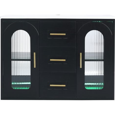 Mueble de baño suspendido 76 cm con lavabo de cerámica, MDF negro efecto madera, LED (1/5)