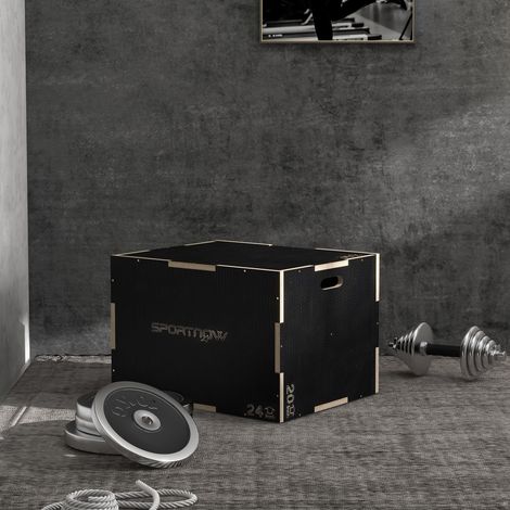 Box per salti pliometrici in legno con maniglie cave, portata massima 120 kg, per casa, ufficio e ginnastica, dimensioni 76x61x51 cm, colore nero. (1/5)