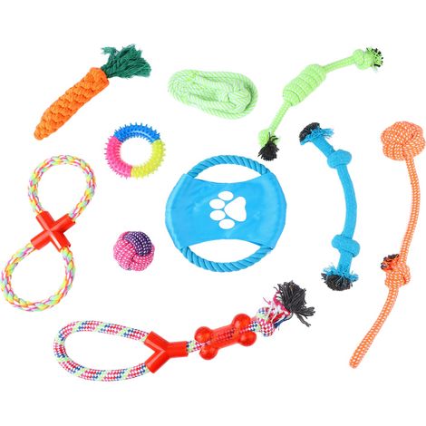 Packung mit 10 kaubaren Hundespielzeugen aus Baumwollseil, bissfest und farbenfroh, zur Zahnreinigung und Förderung der Backenzahnentwicklung. (1/5)