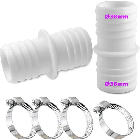 Lot de 4 raccords de tuyau de 38 mm en acier inoxydable - Blanc - Adaptateur pour tuyau de piscine - Double embout (2 pièces) (1/5)
