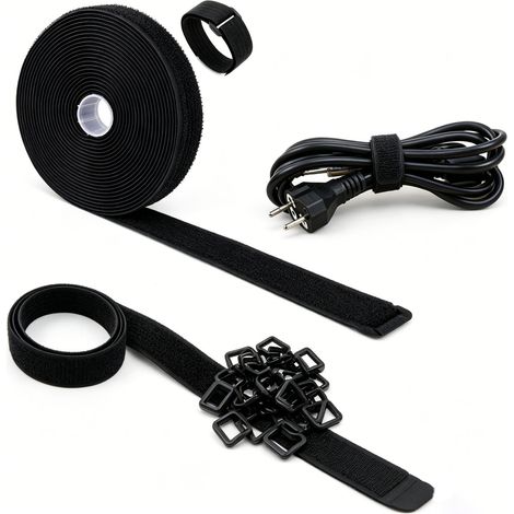 Klettband Rolle mit Kunststoffschnallen 20mm x 5m Wiederverwendbarer Kabelbinder Zuschneidbar Schwarz (1/3)