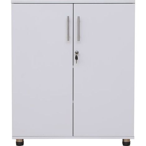 White wooden Filing cabinet with 2 shelves - 2 Door Lockable Filing Cabinet - Short wood Office Storage Cupboard Organiser - Strong and Sturdy Shelving Unit 90cm(h) 75cm(w) 40cm(d) (1/5)