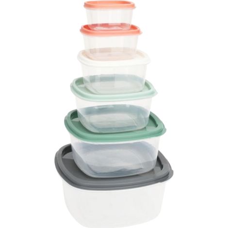 Set mit 6 Lunchboxen aus Kunststoff mit Deckel, verschiedene Farben und Größen. (1/4)
