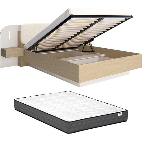 Lit coffre avec chevets 160 x 200 cm - Avec LEDs - Coloris : Beige et naturel + Matelas - LYORIMA (1/5)