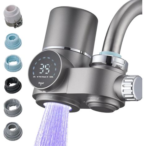 Filtre à eau numérique UV à écran LED pour robinet avec filtre et 6 adaptateurs pour robinets de diamètre 15-25 mm