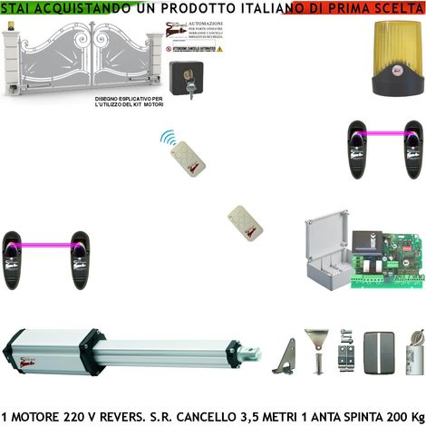Apricancello Elettrico Anta 3,5 Metri Automatismo 1 Motore Elettromeccanico 230 V Stelo Retrattile Reversibile Corsa 600 mm Spinta 250 Kg Centrale 2 Coppie Fotocellule 2 Radiocomandi Faro Selettore (1/4)