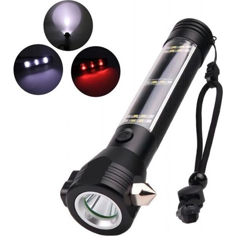 Lampe de poche multifonction 10 en 1 pour voiture - Avec brise-vitre - Coupe-ceinture de sécurité - Lampe de poche solaire multifonction avec 7 modes - Lampe de poche LED pour voiture - Noir