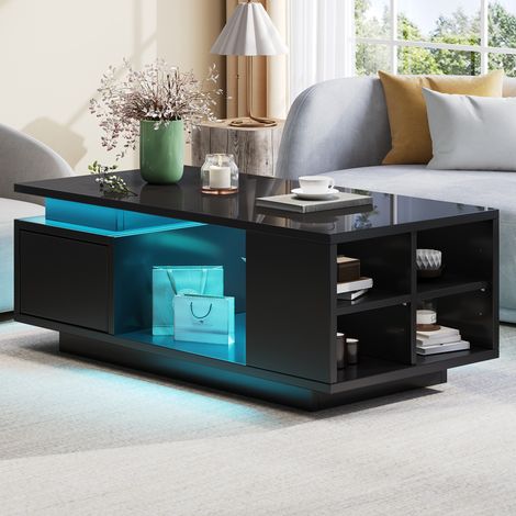 Tavolino da caffè nero con LED, cassetto e ripiani laterali 100 x 50 x 36 cm (1/5)