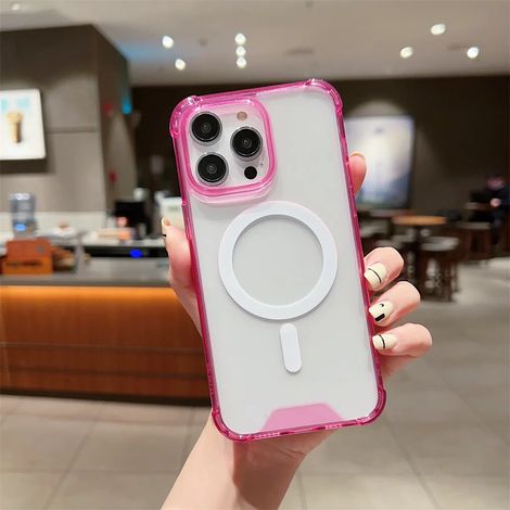 (iPhone 13, rose) Étui de chargement magnétique sans fil MagSafe pour iPhone avec cadre transparent antichoc