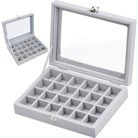 Schmuckschatulle mit 24 Fächern, Schmucktruhe, Vitrine mit transparentem Glasdeckel für Ringe, Uhren, Halsketten, Ohrringe, Geschenkidee (1/5)