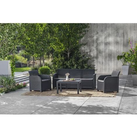 Les Tendances – Salon de jardin en résine tressée – 5 places – Dossiers ergonomiques – Table basse incluse – Gris graphite (1/7)
