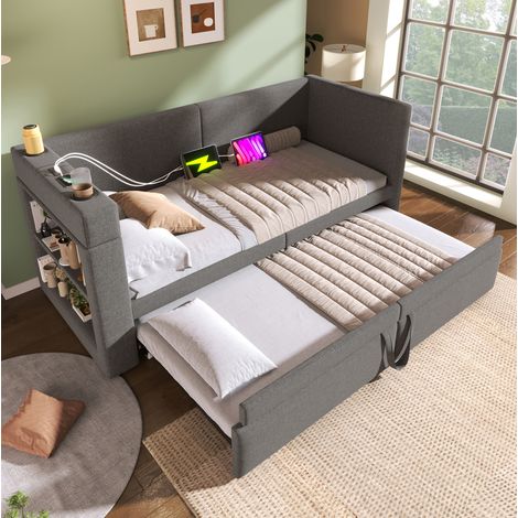 Cama nido 90x200 cm gris en mezcla de algodón y lino con cama extraíble y puertos USB (1/5)