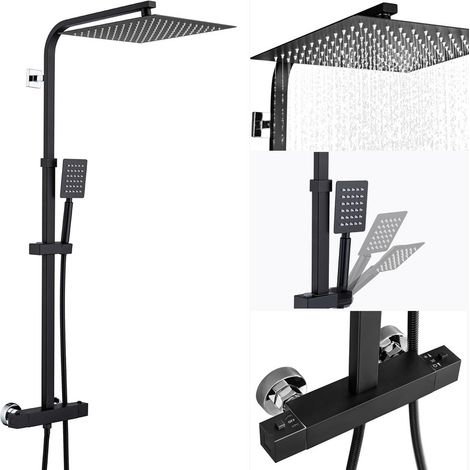 AuraLum Colonne de Douche Thermostatique 2 Fonctions Ensemble de Douche avec Tête de Douche Ultra-mince 12 Pouces, Système de Douche pour Salle de Bain, Hauteur Réglable, Noir