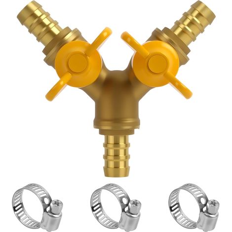 Connecteur de Tuyau en Laiton à 2 Voies avec Robinet à Bille, Adaptateur pour Tuyaux d'Air, Eau et Gaz, Inclut 2 Colliers de Serrage en Acier Inoxydable, pour Tuyau ID de 10 mm-11 mm (1/5)