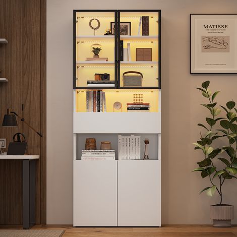 Vitrine haute 70 x 30 x 200 cm avec portes vitrées, tiroir, LED, blanche, REDOM (1/5)