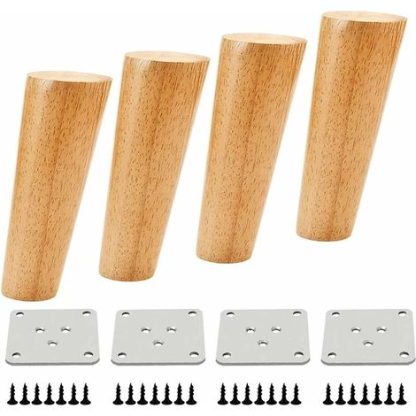 Pieds de meubles en bois de couleur bois, coniques et angulaires, de 15 cm, robustes, pour armoires, canapés, avec vis et patins en feutre. (1/5)
