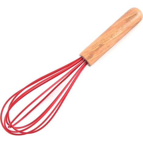 Fouet en silicone avec manche en bois – tête de fouet avec manche en bois – fouet pour pâte à crêpes, œufs et blancs d'œufs, préparation pour gâteaux, mélanges, sauces et jus (Rouge) (1/5)