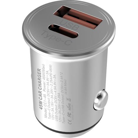 Onyx Autoladegerät CC1-45 2 Anschlüsse USB-C PD + USB-A QC 3.0 45W Silber (1/5)