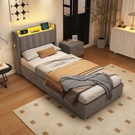 Cama tapizada gris de 90x200 cm con tira de luz LED y puertos USB (1/5)