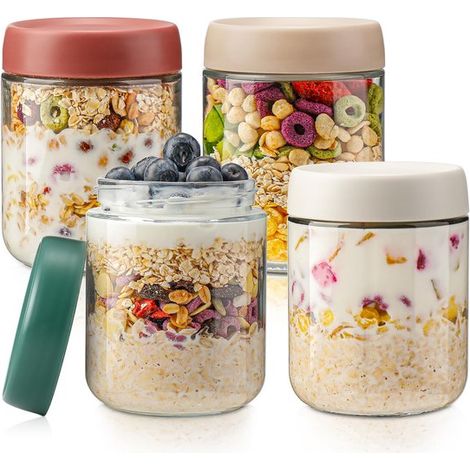 Longziming - Lot de 4 bocaux alimentaires en verre de 500 ml – Couvercle hermétique, 4 couleurs – Durables et pratiques – Idéaux pour les yaourts, les crèmes desserts et la préparation des repas (1/5)