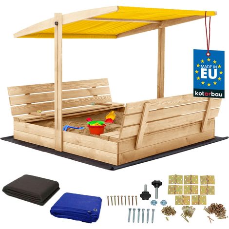 KOTARBAU® Bac à Sable Enfant Extérieur Bois de Pin 140x140 cm Naturel Bac à Sable avec Couvercle et Bancs Pliables Protection Solaire avec Toit Jaune (1/5)