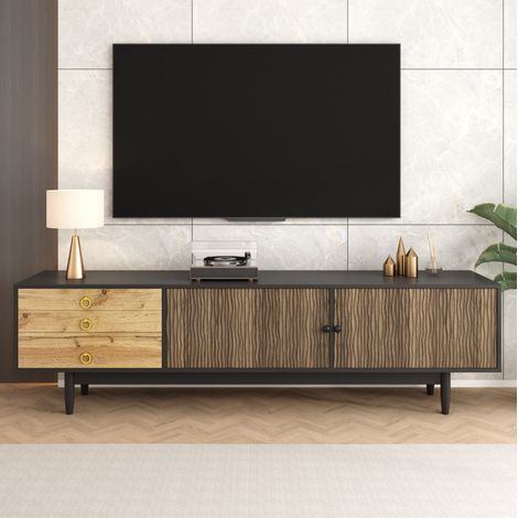 Mobile TV in MDF e pannelli di particelle nero+naturale 180 x 38 x 50 cm con 2 ante, 3 cassetti e gambe in legno massello (1/5)