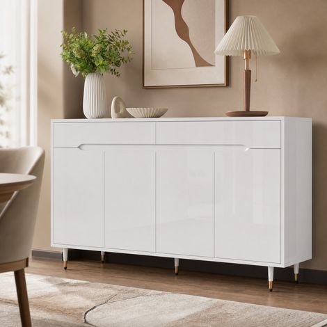 Mueble zapatero con 2 puertas, 2 cajones, baldas regulables, blanco y dorado HAVRYA (1/5)