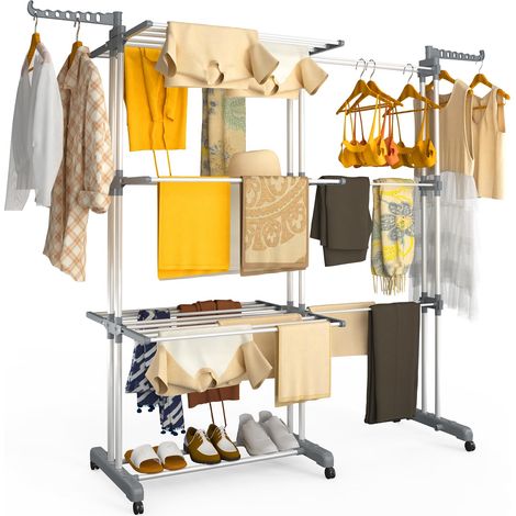 Étendoir à Linge Extensible à 4 Niveaux 190x64x170cm Séchoir Vertical Pliable Grande Capacité avec roulettes Ailes latérales Multifonction pour Intérieur et Extérieur Gris Blanc (1/5)