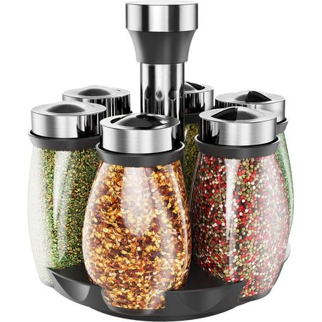 Ensemble de 6 pots à épices, carrousel rotatif 360°, acier inoxydable, transparent, rangement cuisine (1/5)