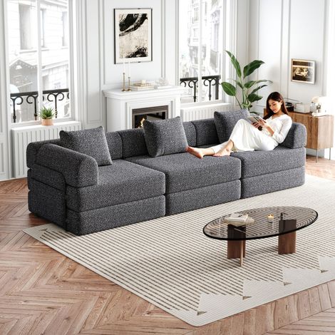 Schlafsofa aus Chenille in Grau, 2-in-1, 1-Sitzer, mit Stauraum in der Armlehne