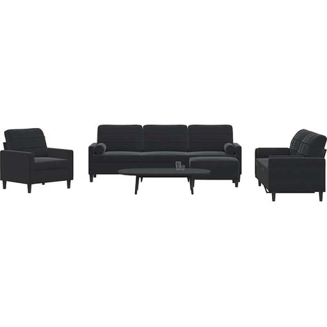 4-tlg. Sofagarnitur mit Kissen und Nackenrollen Schwarz Samt (1/5)