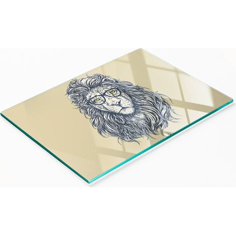 Elegante e resistente tagliere da cucina in vetro con motivo a leone hipster, 80x52 cm. (1/5)