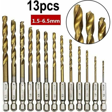 13 pièces Forets à Métaux de hélicoïdaux Perçage HSS(1.5-6.5mm) avec pointe en carbure et six pans bois à queue pour bois/plastique (1/5)