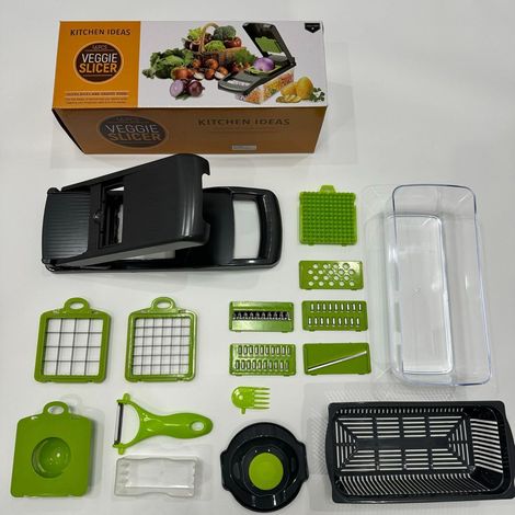 Hachoir à légumes multifonction 13-en-1, coupe-oignon pro, robot culinaire avec 8 lames, trancheur et dés, coupe-carottes et ail avec récipient, noir/vert (1/5)