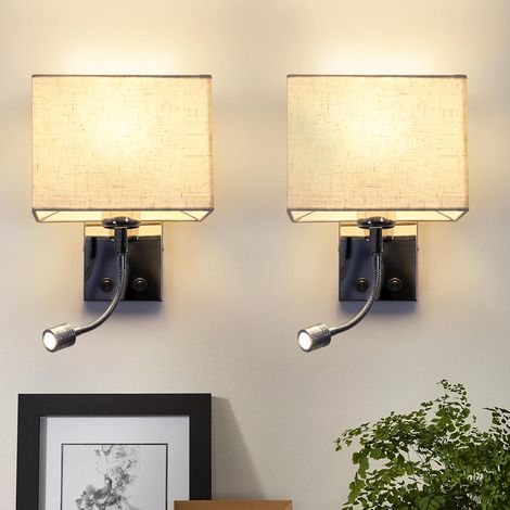 Wandleuchte Innen Wandlampe Schlafzimmer -2ER GBLY Wandstrahler LED Leselampe 360°Schwenkbar Quadratisches Stoffschirm Design Wandbeleuchtung mit Schalter E27 Modern Beleuchtung für Flur Bett
