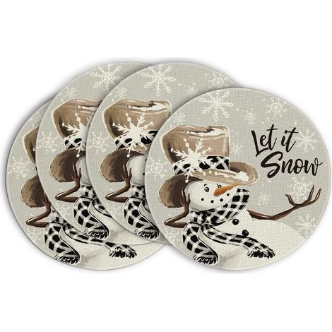 Lot de 4 sets de table ronds, gris, bonhomme de neige, Let It Snow - 38 cm - Lavables - Décoration pour le cuisine (1/5)