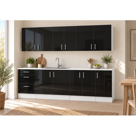 Küchenzeile 220 cm, 7 Schränke, Schwarz Hochglanz, ohne Arbeitsplatte (1/5)