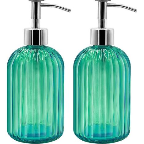 Lot de 2 Distributeur de Savon en Verre, 400 ML Distributeurs de Savon Liquide avec Pompe, Rechargeables Distributeurs de Lotion et de Savon pour Cuisine, Salle de Bain, Buanderie, Hôtel (Vert)