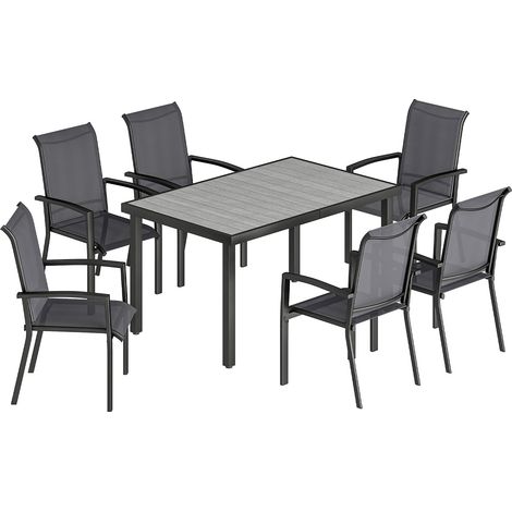 Set 7 Pezzi da Giardino con Tavolo a 2 Sezioni e 6 Sedie Impilabili in Texteline Grigio (1/5)