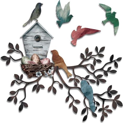 Casita para pájaros de metal, decoración de pared con forma de hoja de árbol (para interior y exterior).
