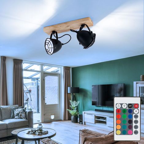 LED Deckenlampe Spotleuchte Wohnzimmerlampe Esszimmerlampe, Metall schwarz Gitter Holz, 2 Flammig E14 Spots beweglich dimmbar Fernbedienung RGB, 4,8W 470lm 3000K warmweiß, L 36 cm