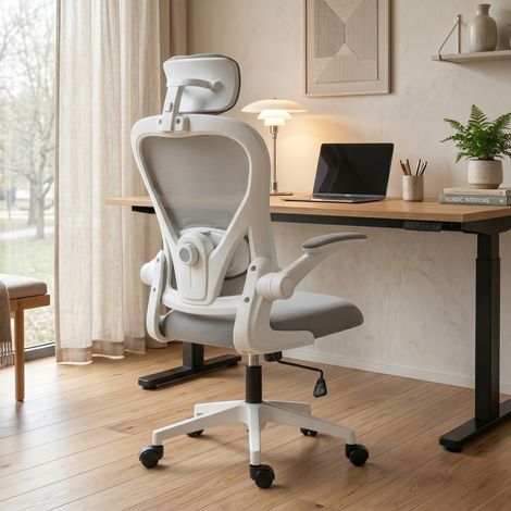 Chaise de Bureau Ergonomique, Fauteuil Maille, Appui-Tête et Soutien Lombaire Réglables, Gris (1/5)