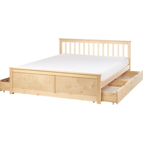 Cama con somier de madera de pino MDF minimalista con almacenaje 4 cajones 160 x 200 cm marrón claro Olendon (1/5)